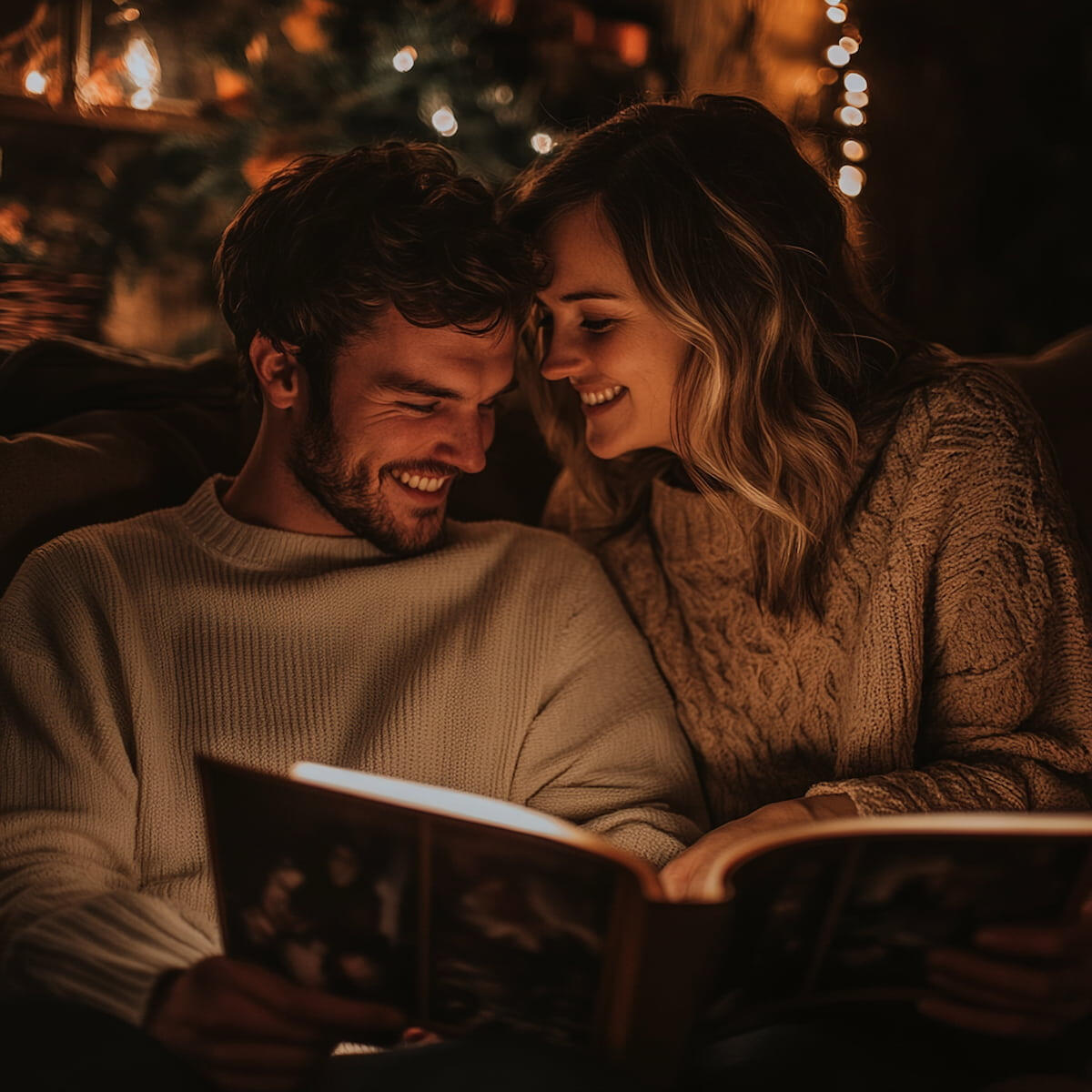 Couple reminiscing Married couple looks through old photo albums as part of their custommade.music process to spark old memories.