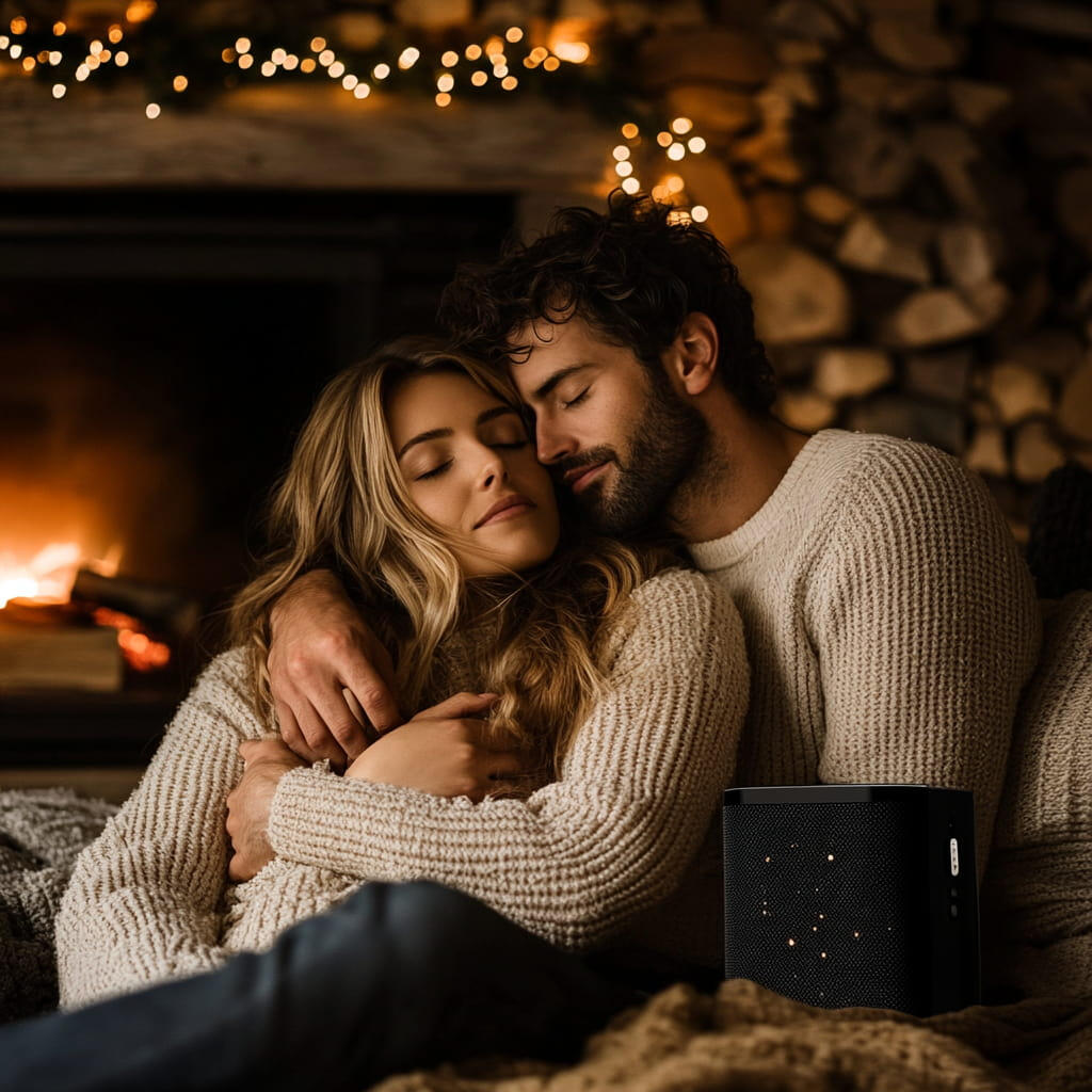 Couple cozies by the fireplace as they listen to their custom song from custommade.music